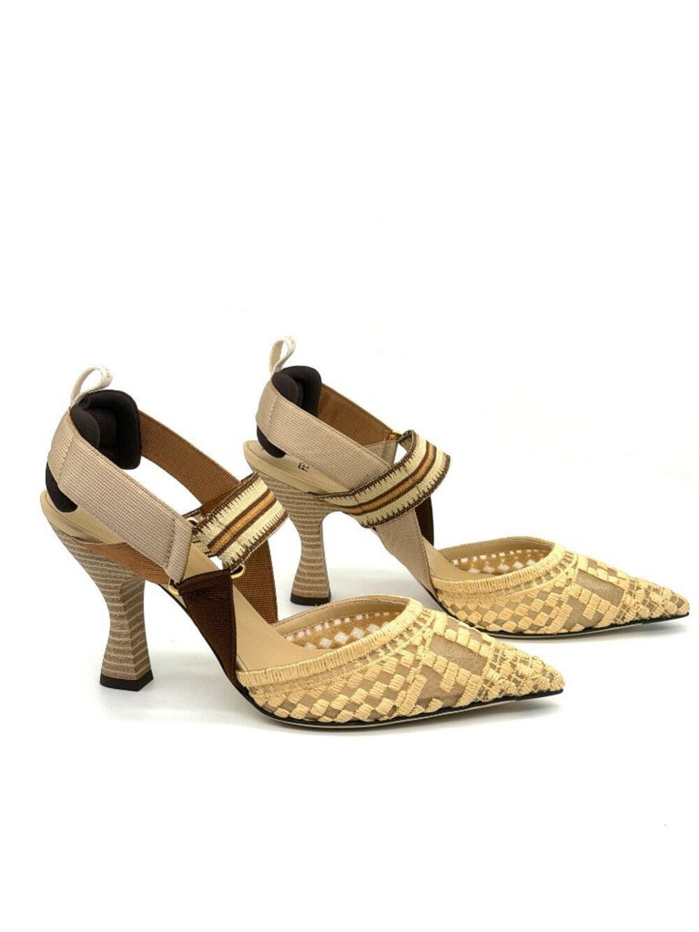FENDI Colibri 85 Mesh Raffia Sporty FF Logo Slingback Heels Pumps Sandals - Picture 9 of 16